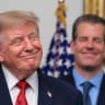 US President Donald Trump reacts during a press conference with cryptocurrency executives in the Roosevelt Room at the White House in Washington, DC, US, August 19, 2026. 