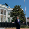 US President Donald Trump speaks about the helipad being constructed on the South Lawn, at the White House in Washington, DC, US, August 19, 2026. 
