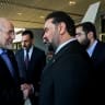 Iran's Parliament Speaker Mohammad Bagher Ghalibaf and his Iraqi counterpart Haibat al-Halbousi attend a meeting at the parliament building in Baghdad on August 19, 2026.