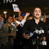 U.S. House candidate, California state Sen. Aisha Wahab speaks to the media during an election-night watch party at Firefighters Local 1909 on August 18, 2026 in Hayward, California