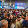 Thousands of passengers wait at Ben Gurion International Airport near Tel Aviv after a strike was announced, August 20, 2026. 