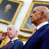 US Special Envoy to Syria and Ambassador to Turkey Tom Barrack attends a meeting with US President Donald Trump and Prime Minister of Iraq Ali al-Zaidi in the Oval Office of the White House on July 14, 2026 in Washington, DC.