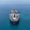 Drone view of oil tanker HELGA berthed at one of Iraq's southern offshore oil terminals near Basra as it prepares to load crude oil, becoming the second vessel to arrive since the closure of the Strait of Hormuz, April 24, 2026.