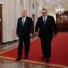 US President Donald Trump arrives with retired four-star Army General Jack Keane for a ceremony to present Keane with the Presidential Medal of Freedom in the East Room of the White House in Washington, US, March 10, 2020