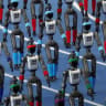Booster Robotics humanoid robots walk in formation during the opening ceremony for the second World Humanoid Robot Games at the National Speed Skating Oval in Beijing, China August 22, 2026.