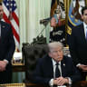 L-R) US Vice President JD Vance and US President Donald Trump listen to US Secretary of State Marco Rubio speak during a meeting with Lebanon Ambassador to the US and Israel Ambassador to the US, at the White House in Washington, DC on April 23, 2026. 