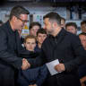 British Prime Minister Andy Burnham interacts with the President of Ukraine, Volodymyr Zelensky, during their visit to Portsmouth Naval Base to meet UK and Ukrainian troops, July 27, 2026. 