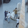 MK Zvi Sukkot and several others seen smashing a monument in in Kafr Madama near Nablus, August 25, 2026.