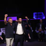 Ofer Winter takes the stage alongside activist Yoseph Haddad during Winter's during his party announcement event on August 25, 2026. 