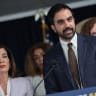 New York Gov. Kathy Hochul (L) listens as New York City Mayor Zohran Mamdani speaks during a press conference on Immigration and Customs Enforcement (ICE) actions on August 12, 2026 in New York City.