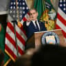 US Secretary of the Treasury Scott Bessent takes questions from reporters as he speaks during a press conference in Washington, DC on August 24, 2026. Bessent, in a column for the Financial Times, declared that an "economic D-Day" had begun against Tehran on Monday.