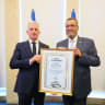 Ex-Mossad chief David Barnea (L) and Jerusalem Mayor Moshe Lion (R) at the Jerusalem Municipality, August 27, 2026.