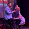 (L-r) Abdul El-Sayed, Michigan's Democratic candidate for U.S. Senate, joins Maryland U.S. Rep. Jamie Raskin and Michigan U.S. Rep. Debbie Dingell for a town hall in Ann Arbor, Mich., Aug. 26, 2026.