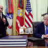 White House Deputy Chief of Staff Stephen Miller speaks while U.S. President Donald Trump listens during an event to sign executive orders related to birthright citizenship and the polysilicon industry, in the Oval Office at the White House in Washington, DC, US, August 6, 2026.