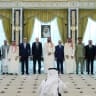 Turkish President Tayyip Erdogan, Saudi Crown Prince Mohammed bin Salman and Pakistan's Prime Minister Shehbaz Sharif, accompanied by their ministers of Foreign Affairs and Defence, pose after signing a joint defense agreement in Mecca, Saudi Arabia, August 7, 2026. 