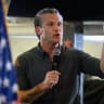  United States Secretary of War Pete Hegseth appears onstage at a campaign event for Republican candidate for Iowa's 3rd Congressional District Zach Nunn on day five of the Iowa State Fair on August 17, 2026 in Des Moines, Iowa.
