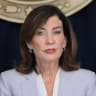 New York Gov. Kathy Hochul listens as New York City Mayor Zohran Mamdani speaks during the annual New York State Financial Control Board meeting on August 12, 2026 in New York City.