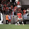 HAPOEL TEL AVIV'S Marcus Coco dribbles during the Reds’ Conference League playoff clash with Atalanta. Hapoel fell 1-0 to the Italian side and was eliminated from European competition.