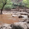 Remnants of stone bridge pylons remain along Bright Angel Creek following a flash flood that destroyed the footbridge on August 29. The flooding caused significant damage to infrastructure throughout the canyon.