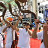 VISITORS BLOW the shofar, during a visit of the Israeli President Isaac Herzog at Expo 2020 Dubai, in Dubai, UAE, on January 31, 2022. 