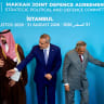 Turkey's Foreign Minister Hakan Fidan, Pakistan's Deputy Prime Minister and Foreign Minister Mohammad Ishaq Dar, and Saudi Arabia's Foreign Minister Prince Faisal bin Farhan Al Saud prepare to pose for a picture before the first committee meeting under the Mecca Joint Defense Agreement.