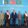 Turkey's Foreign Minister Hakan Fidan, Pakistan's Foreign Minister Mohammad Ishaq Dar, Saudi Arabia's Foreign Minister Prince Faisal bin Farhan Al Saud, and other officials pose before the first committee meeting for the Mecca Joint Defence Agreement, in Istanbul, Turkey, August 31, 2026.  