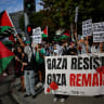 Pro-Palestinian demonstrators protest outside the Consulate General of Israel to condemn Israel’s interception of the Global Sumud Flotilla, in Los Angeles, California, US, October 2, 2025.  