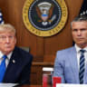 US President Donald Trump and US Secretary of Defense Pete Hegseth listen to questions from the press during a Cabinet meeting at Camp David in Maryland, on July 31, 2026; illustrative