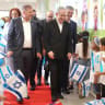 Prime Minister Benjamin Netanyahu and Education Minister Yoav Kisch with students from the Benzion Netanyahu School in Ramle.