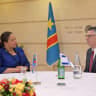 Foreign Minister Gideon Sa’ar sits with Democratic Republic of the Congo Foreign Minister Thérèse Kayikwamba Wagner during a visit to Israel on September 1, 2026.