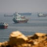 Vessels near the Strait of Hormuz, as seen from Musandam, Oman, August 31, 2026.