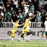 MACCABI TEL AVIV players celebrate their third goal in the yellow-and-blue’s 3-1 home Premier League victory over Maccabi Haifa at Bloomfield Stadium.