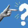 INSTEAD, ASK questions. Image depicts a hand pointing at a question mark against a blue background. 
