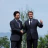 French President Emmanuel Macron welcomes South Korea's President Lee Jae Myung during the G7 summit, in Evian-les-Bains, France, June 16, 2026.