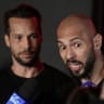 Tristan and Andrew Tate deliver a press statement in front of their house after landing back in Romania, near Bucharest, Romania, March 22, 2025. 