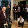 US Ambassador to Israel Mike Huckabee speaks during a press conference after he met residents of Turmus Aiya, a Palestinian town near Ramallah in the West Bank that is home to many American citizens, September 5, 2026. 