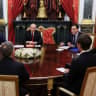 Russian President Vladimir Putin, Kremlin foreign policy adviser Yuri Ushakov and Russian presidential envoy Kirill Dmitriev attend a meeting with US Special Envoy Steve Witkoff and Jared Kushner, U.S. President Donald Trump's son-in-law, at the Kremlin in Moscow, Russia, September 5, 2026.