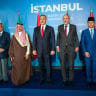 Foreign ministers of Saudi Arabia, Turkey, Qatar, the UAE, Pakistan, Jordan and Indonesia before their meeting on Gaza, in Istanbul, Turkey, November 3, 2025.
