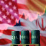 Illustration shows U.S. and Iranian flags, 3D printed oil barrels and rising stock graph