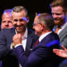 Top candidate of the far-right Alternative for Germany (AfD), Ulrich Siegmund, and party co leader Tino Chrupalla react from the stage at the AfD election party, after exit polls in the Saxony-Anhalt state elections, in Magdeburg, Germany, September 6, 2026.