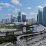 In an aerial view, the city of Miami skyline is seen on April 29, 2026.