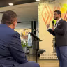 Abdul El-Sayed, Michigan Democratic candidate for US Senate, addresses the state's Jewish Democratic caucus at its annual "Summer Simcha" event amid broader Jewish communal concerns about his campaign, Birmingham, Mich., Aug. 30, 2026. 