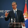 Serbia's President Aleksandar Vucic speaks during a joint press conference with Ukraine's President following their meeting at the Palace of Serbia, in Belgrade on August 8, 2026.