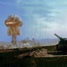 The fireball is ascending during a nuclear artillery test Grable Event  - part of Operation Upshot-Knothole- a 15-kiloton test fired from a 280-mm M65 Atomic Cannon at Frenchman's Flat. 25th May 1953.