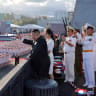 Korean leader Kim Jong Un, accompanied by his daughter Kim Ju Ae, attends the commissioning ceremony of the destroyer "Kang Kon", at Wonsan Port, North Korea, September 6, 2026 in this picture released by North Korea's official Korean Central News Agency.