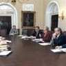 US President Bill Clinton meets with his National Security team on April 7, 1999, in the White House Cabinet Room. From left: Clinton, Steve Ricchetti, Gen. Donald Kerrick, CIA Director George Tenet, Secretary of State Madeleine Albright, Samuel Berger, and Gen. Hugh Shelton.