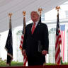US President Donald Trump stands before delivering remarks to US embassy personnel and business leaders at Deerfield Residence, the residence of the US Ambassador to Ireland, in Dublin, Ireland, September 12, 2026.