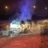 Burned vehicle is seen after authorities discovered three bodies inside it on September 13, 2026 near Jatt, in northern Israel.