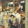 (L-R): Photo of Maurycy Gottlieb’s “Jews Praying in the Synagogue on Yom Kippur”; One of the earliest surviving illuminated medieval texts of Kol Nidre (Worms Machzor, c. 1280).