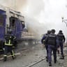 Firefighters extinguish a car of a passenger train hit by a Russian drone strike at a railway station, amid Russia's attack on Ukraine, in Lutsk, Ukraine September 12, 2026. 